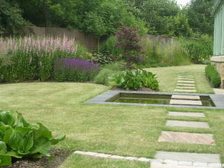 paving stepping stones through lawn square pond landscaping contemporary garden design
