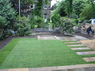 headingley garden landscaping complete ready for planting yorkshire sandstone re used stone terrace